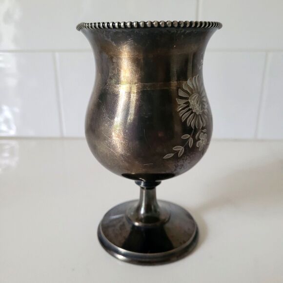 Antique Meriden B Britannia Company 442 Silverplate Floral Etched Goblet Cup Vtg - Picture 12 of 16